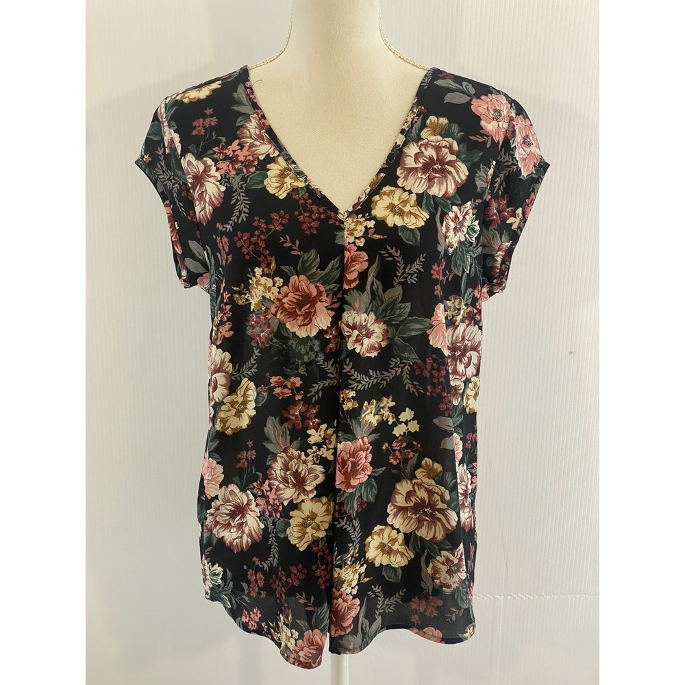 HALOGEN Floral V Neck Cap Sleeve Top Womens Medium Black Pink Green Casual